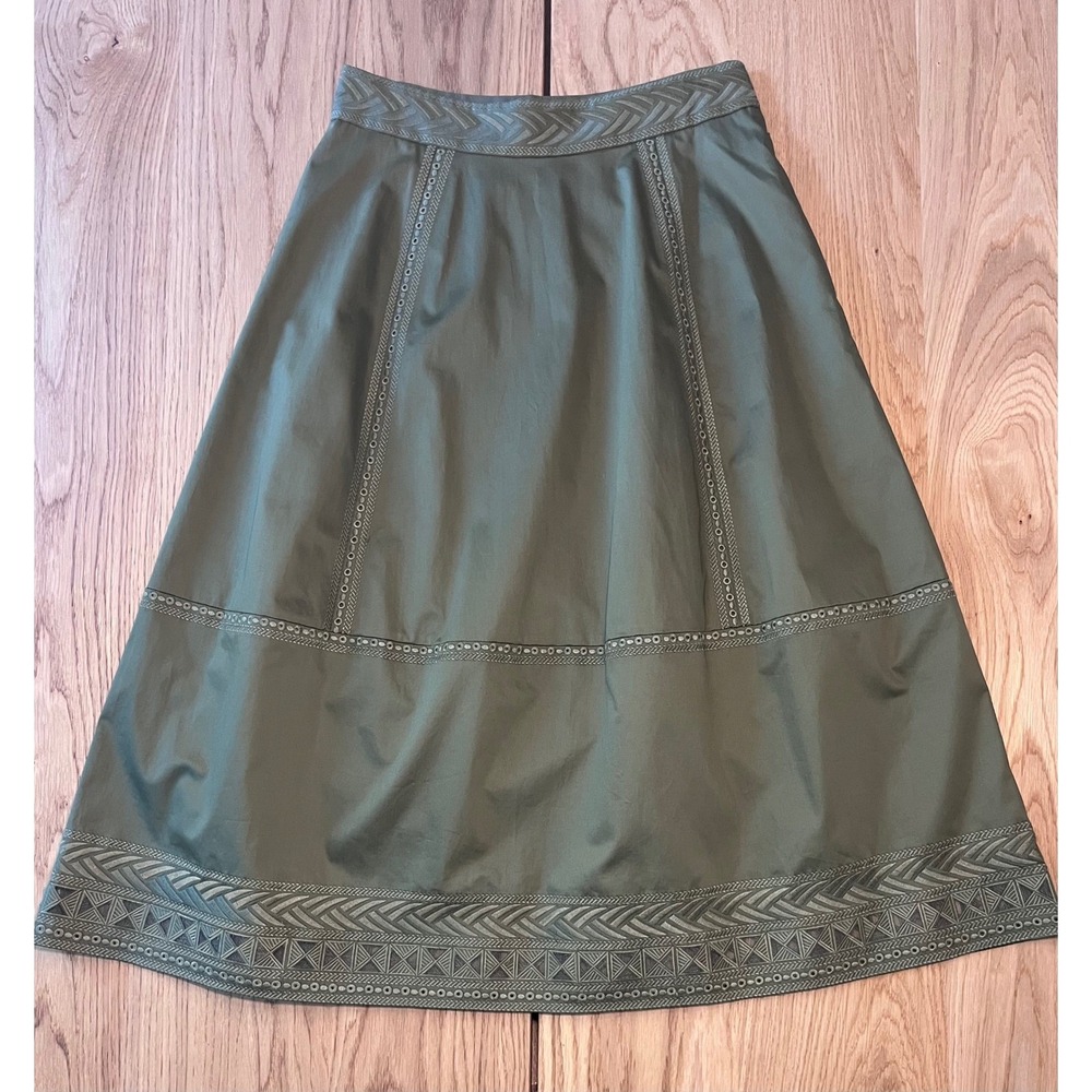 Elie Tahari Daisy Embroidered Poplin Midi Skirt Olive Green Boho-Chic Size 6 - Picture 3 of 10
